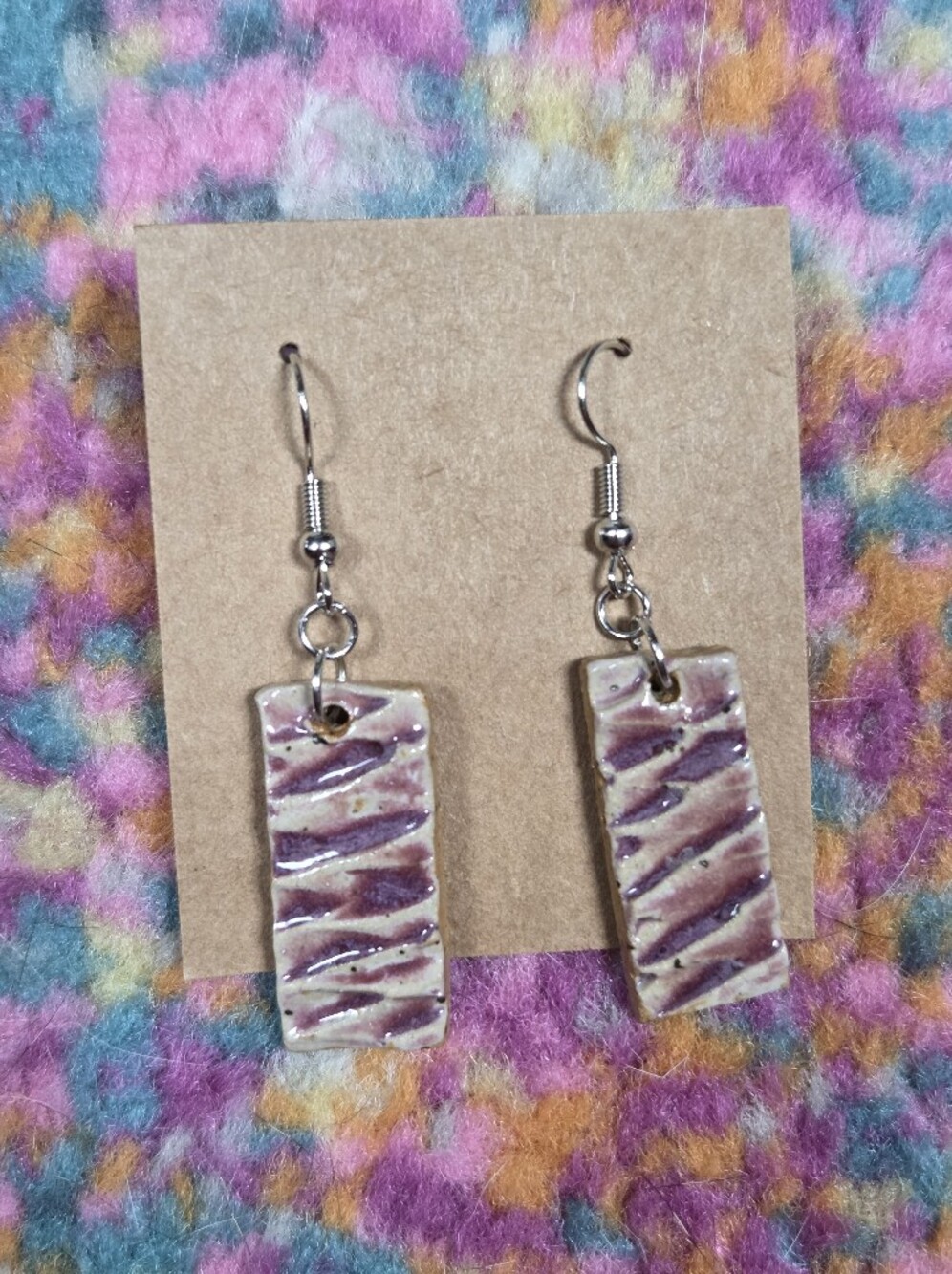 Handmade Ceramic Rectangle Dangle Earrings in Purple and Cream